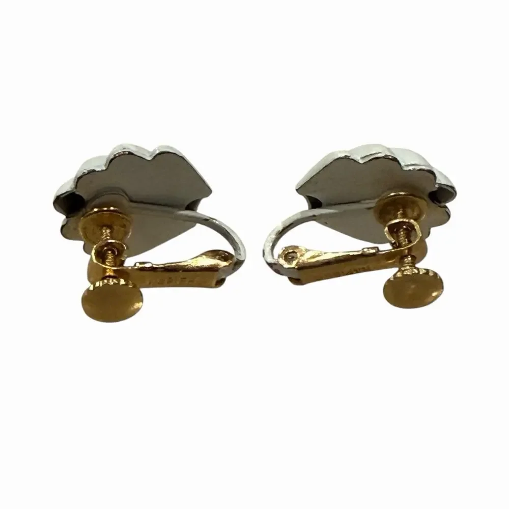 Vintage Napier White Enamel Gold Tone Scalloped Shell Screw Back Earrings Signed